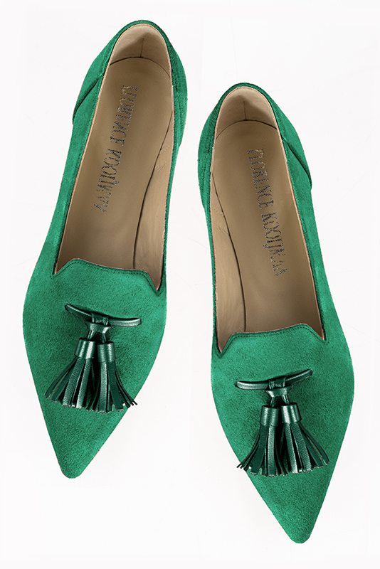 Emerald green women's loafers with pompons. Pointed toe. Flat flare heels. Top view - Florence KOOIJMAN